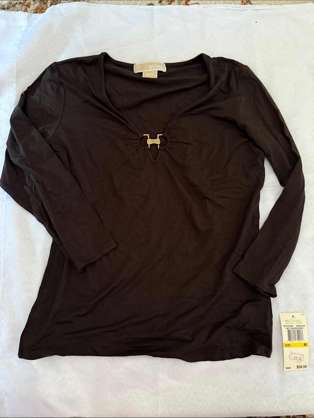 Michael Kors dark brown Long-Sleeve V-Neck Top with Gold Accent